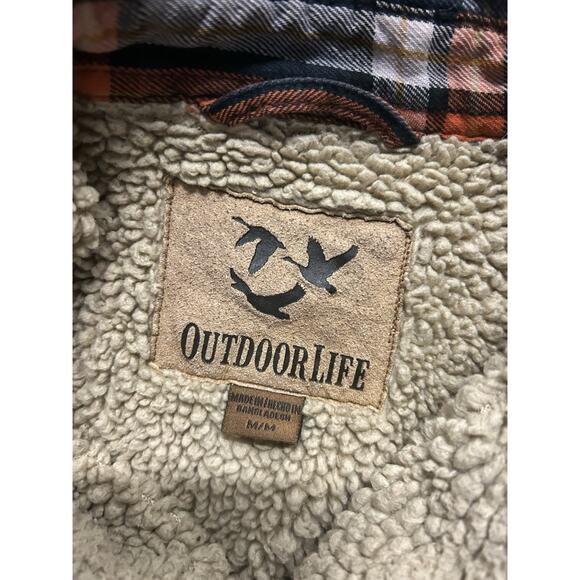 Outdoor Life Sherpa Lined Flannel Shirt Jacket Blue And Orange Plaid Pattern - Picture 3 of 6